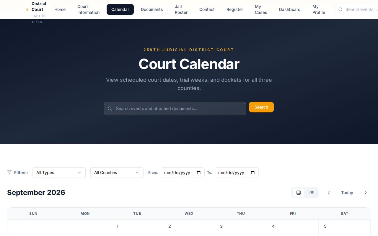 San Jacinto County court date calendar for the 258th District Court