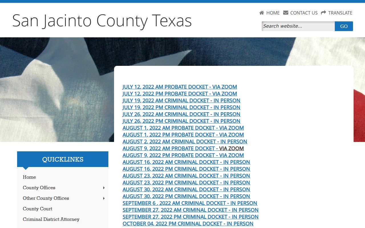 San Jacinto County court docket archive and date labels