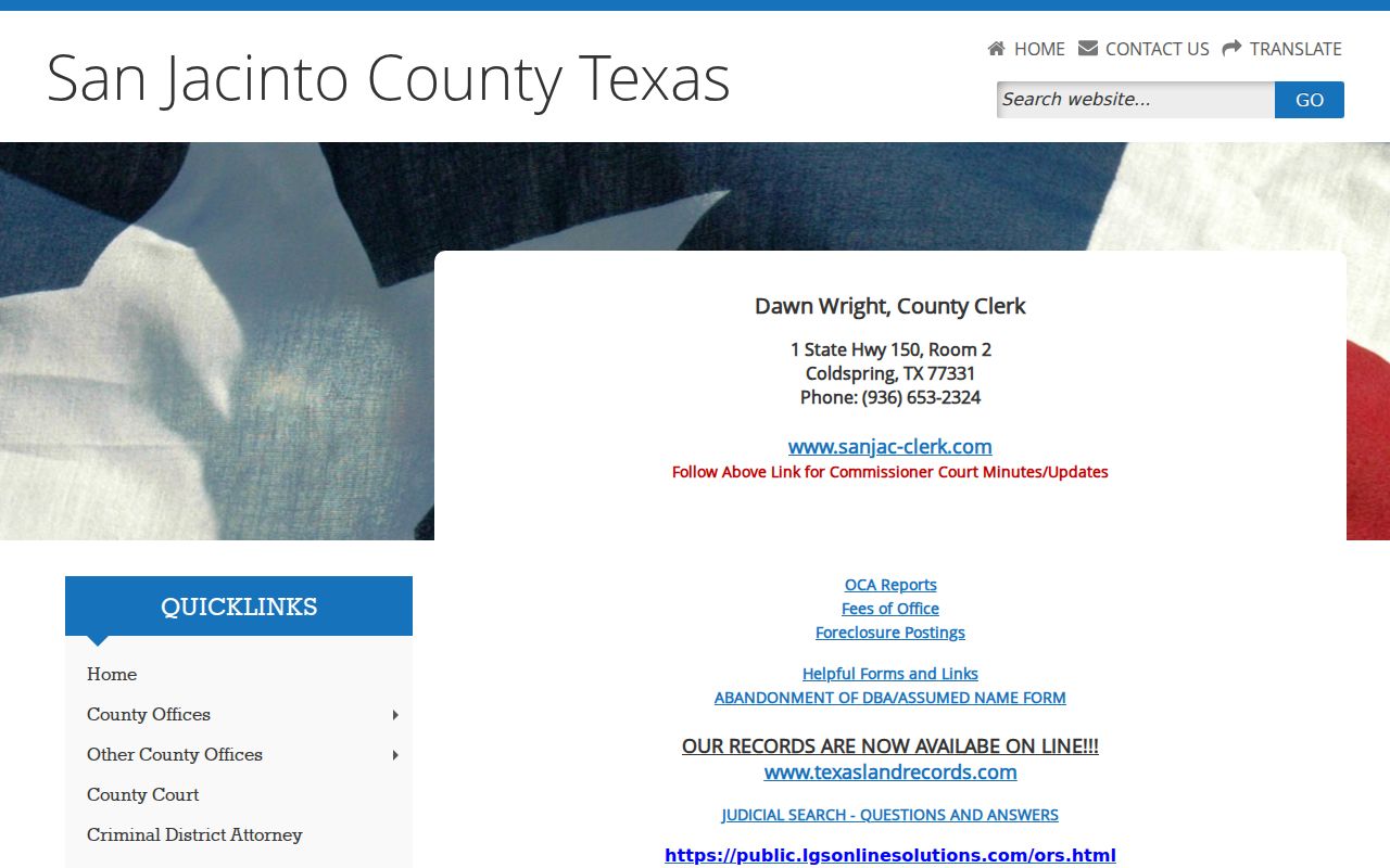 San Jacinto County Clerk judicial search fees and forms page