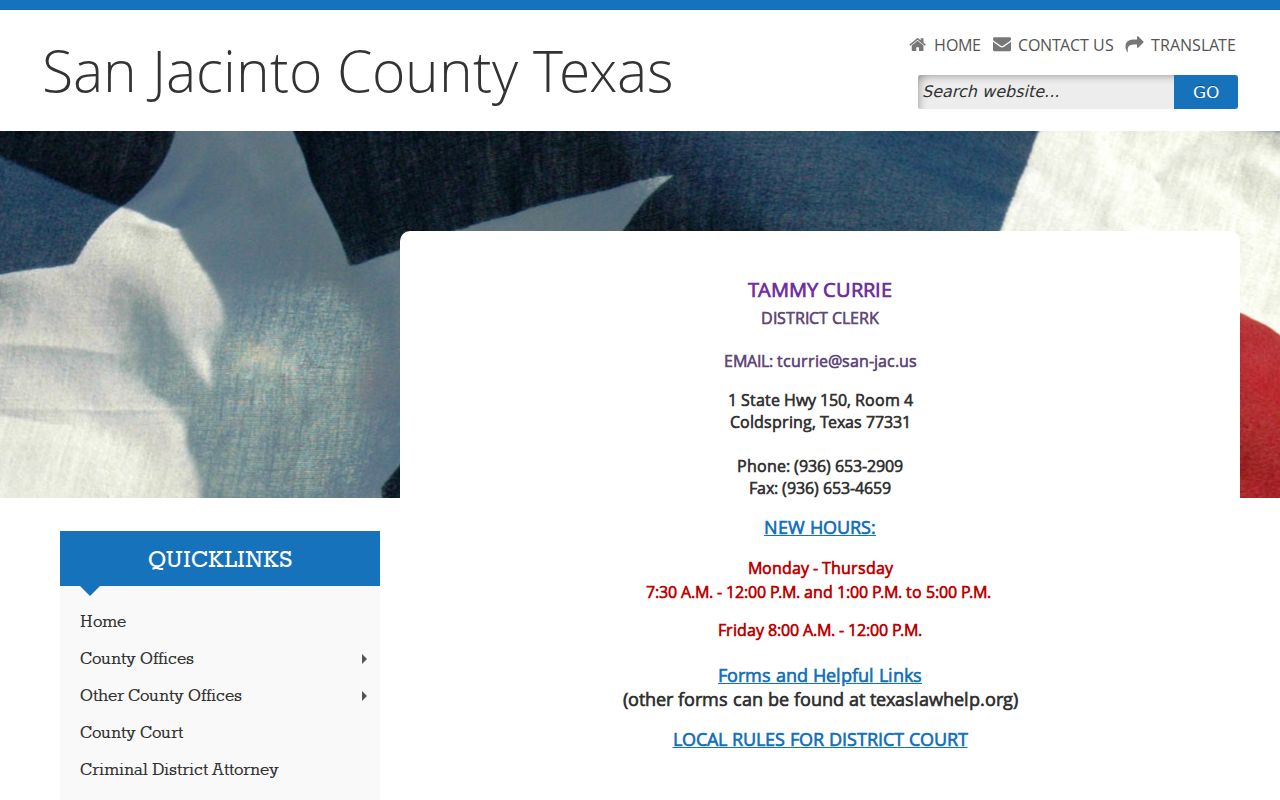 San Jacinto County District Clerk record search and contact page