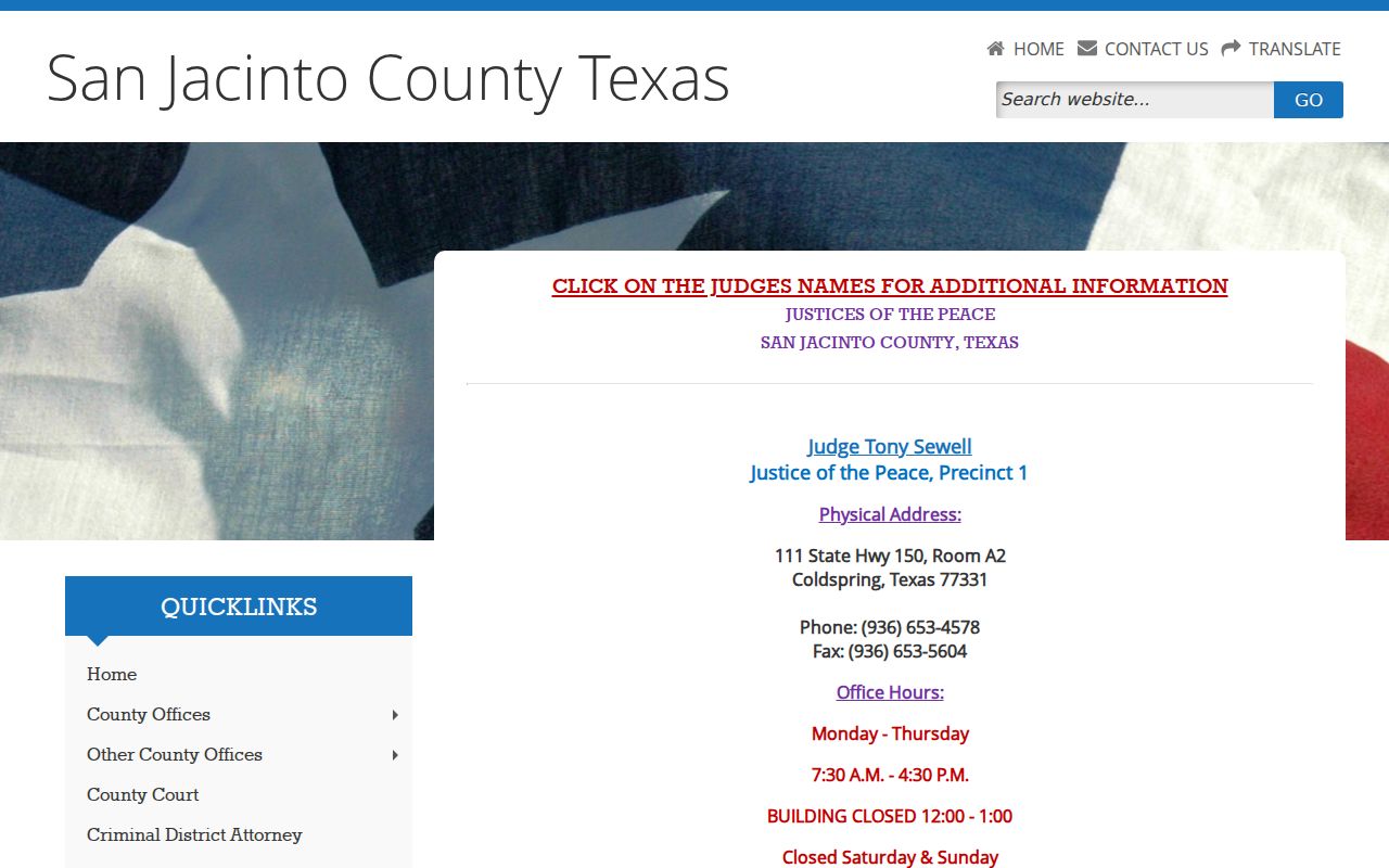 San Jacinto County directory of four Justice of the Peace precinct offices