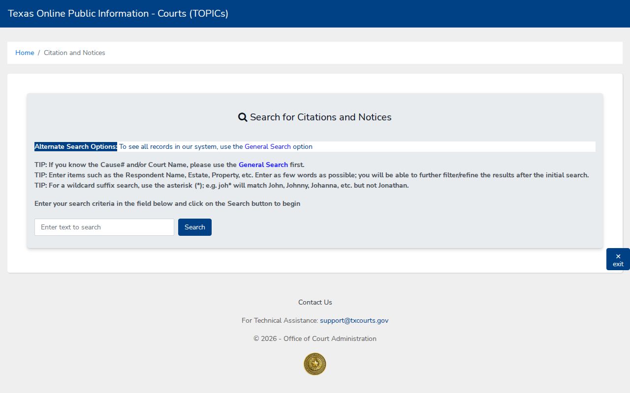 Texas citations and notices search fields for San Jacinto County traffic matters