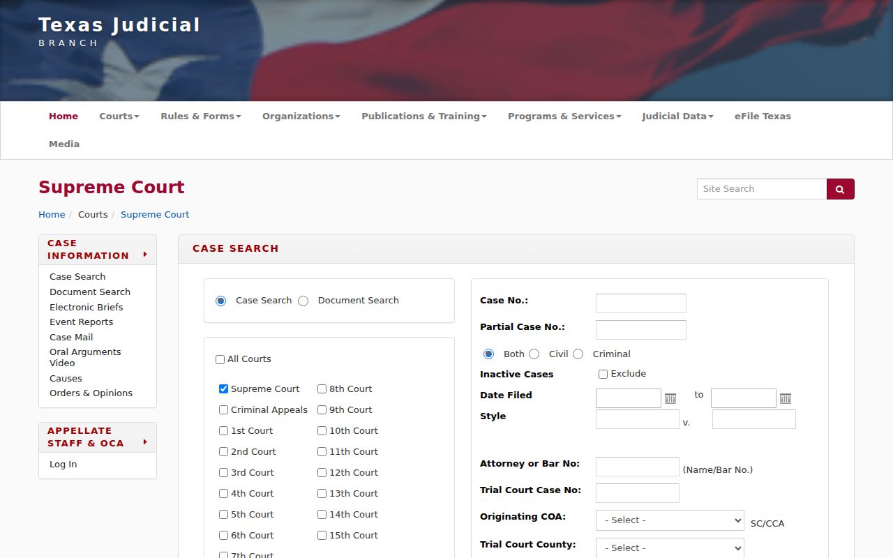 Texas appellate case and document search fields relevant to San Jacinto County